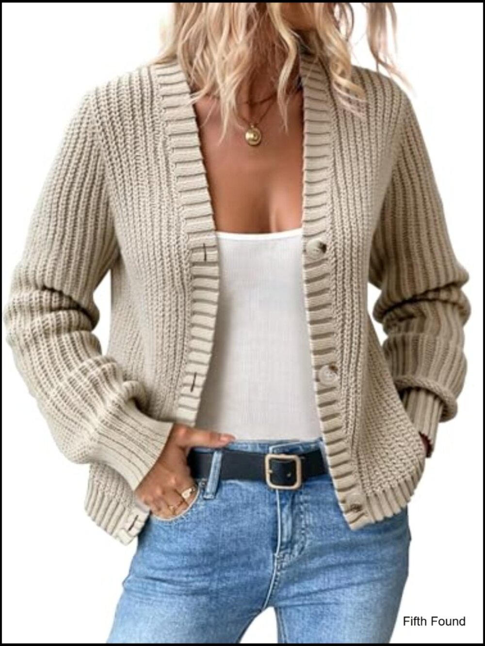 Chunky Knit Cardigan – Waffle Knit Button Down Oversized V Neck Fall Sweater - Picture 2 of 6